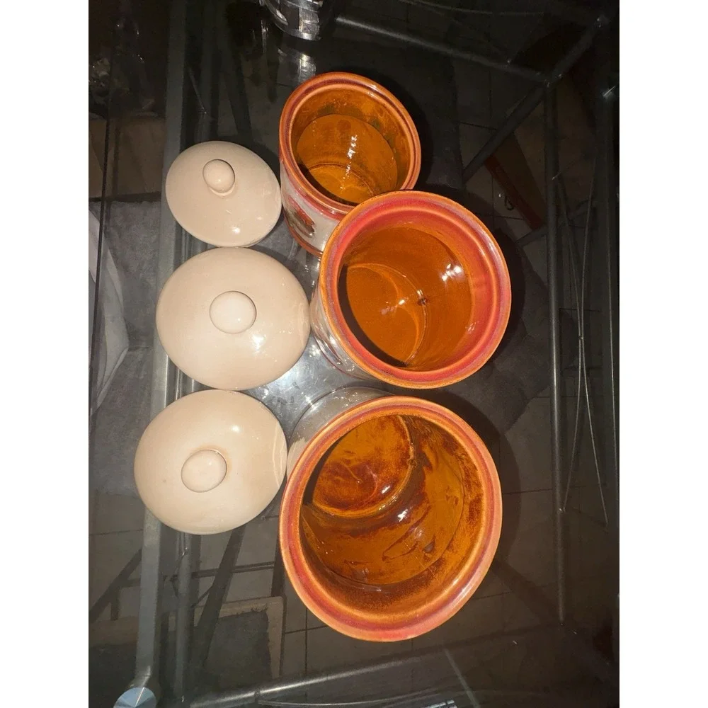 Vintage Ceramic Rooster Canister Set of 3 Drip Glaze Farmhouse Kitchen Jars